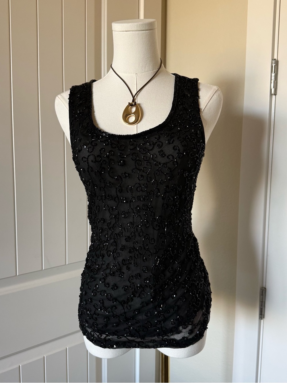 Black Beaded Scoop Neck Tank Top - Women